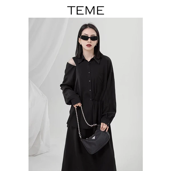 TEME春季新款气质显瘦不对称拉链假两件抽绳连衣裙黑色宽松连衣裙