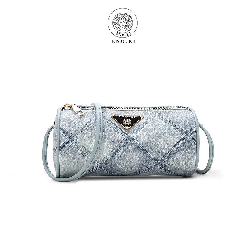 ENO.KI依诺琪2024新款牛仔纹时尚百搭斜挎圆筒包-专