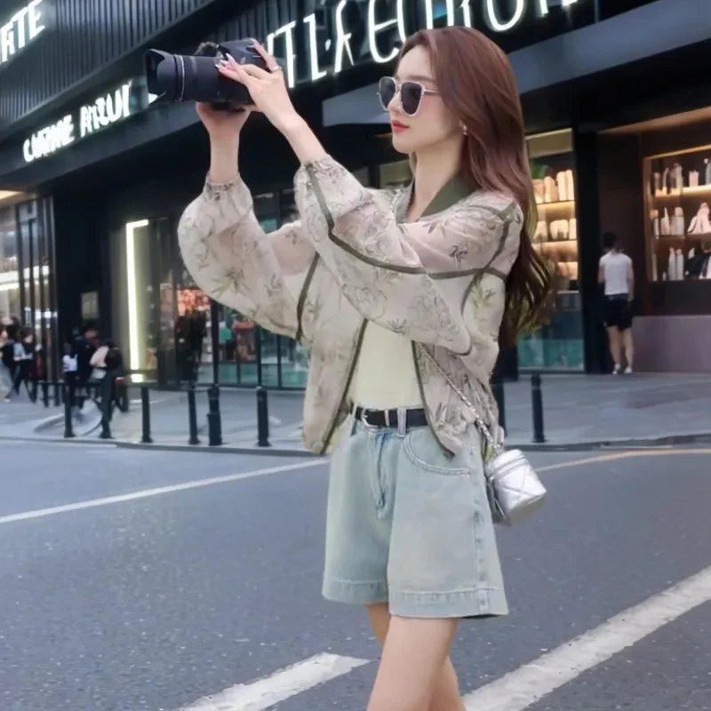 绿色碎花连帽户外防晒衣外套女2024新款春夏新中式薄荷曼波上衣潮