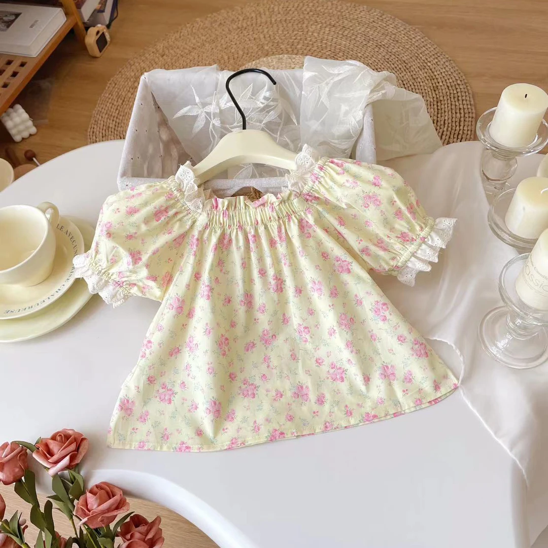 橘止皮【现货】夏季新款女童娃娃衫短袖花边领口衬衫衬衣XY246718