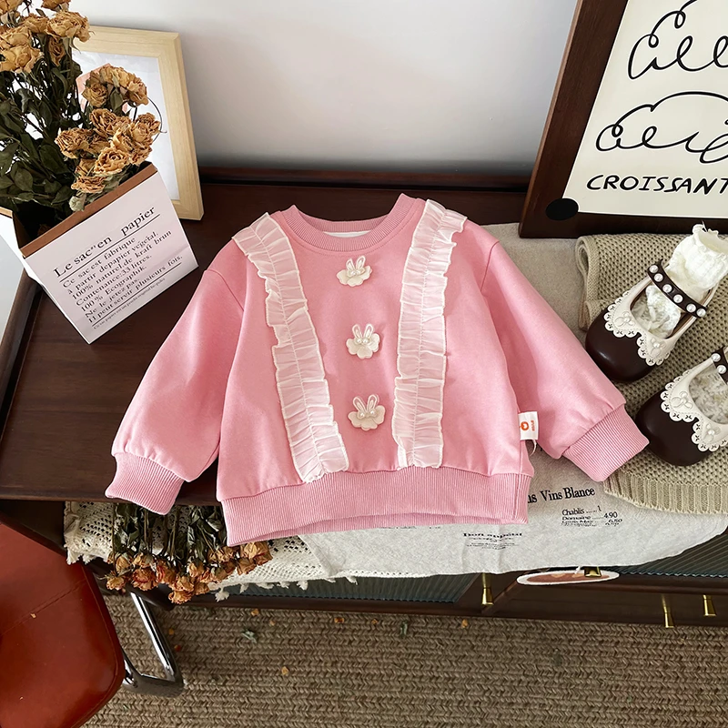 【橘止皮】QY246849春秋新款儿童卫衣女童花边小花配饰上衣