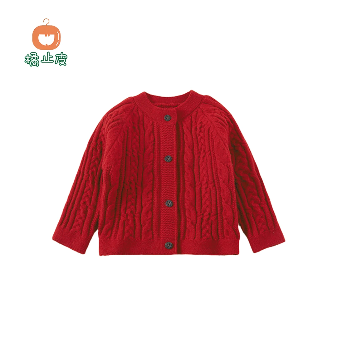 【橘止皮】女童红色针织衫秋冬新款儿童毛衣开衫外套DY248300