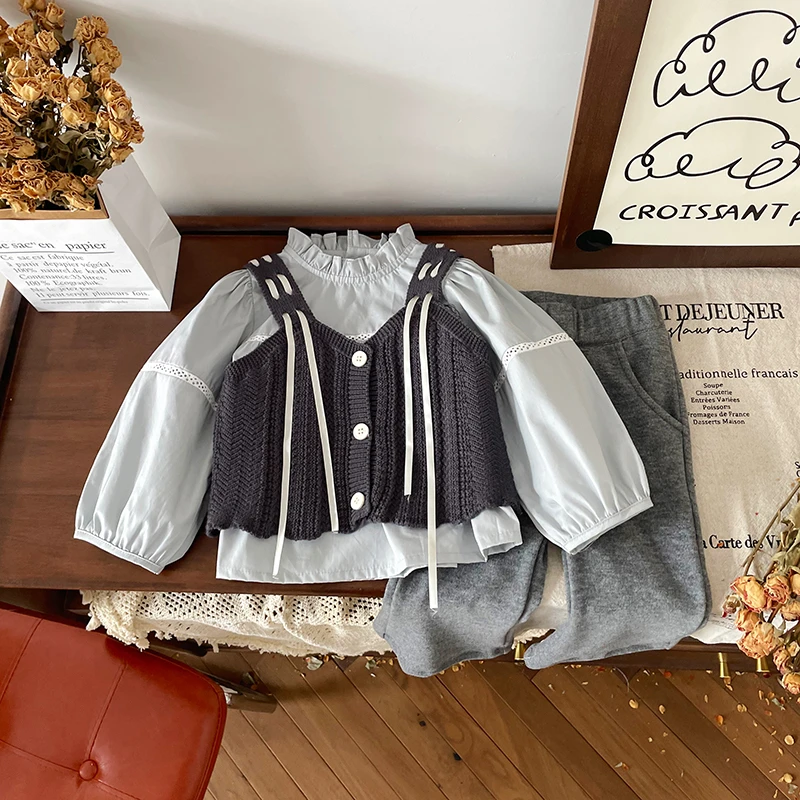 【橘止皮】QT241188春秋新款儿童套装女童衬衫马甲裤子三件套