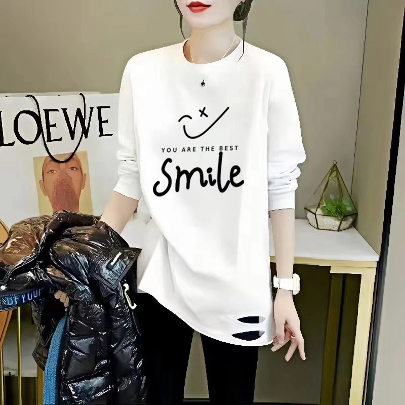 白色长袖内搭加绒t恤女秋冬季新款韩版宽松中长款纯棉打底衫上衣