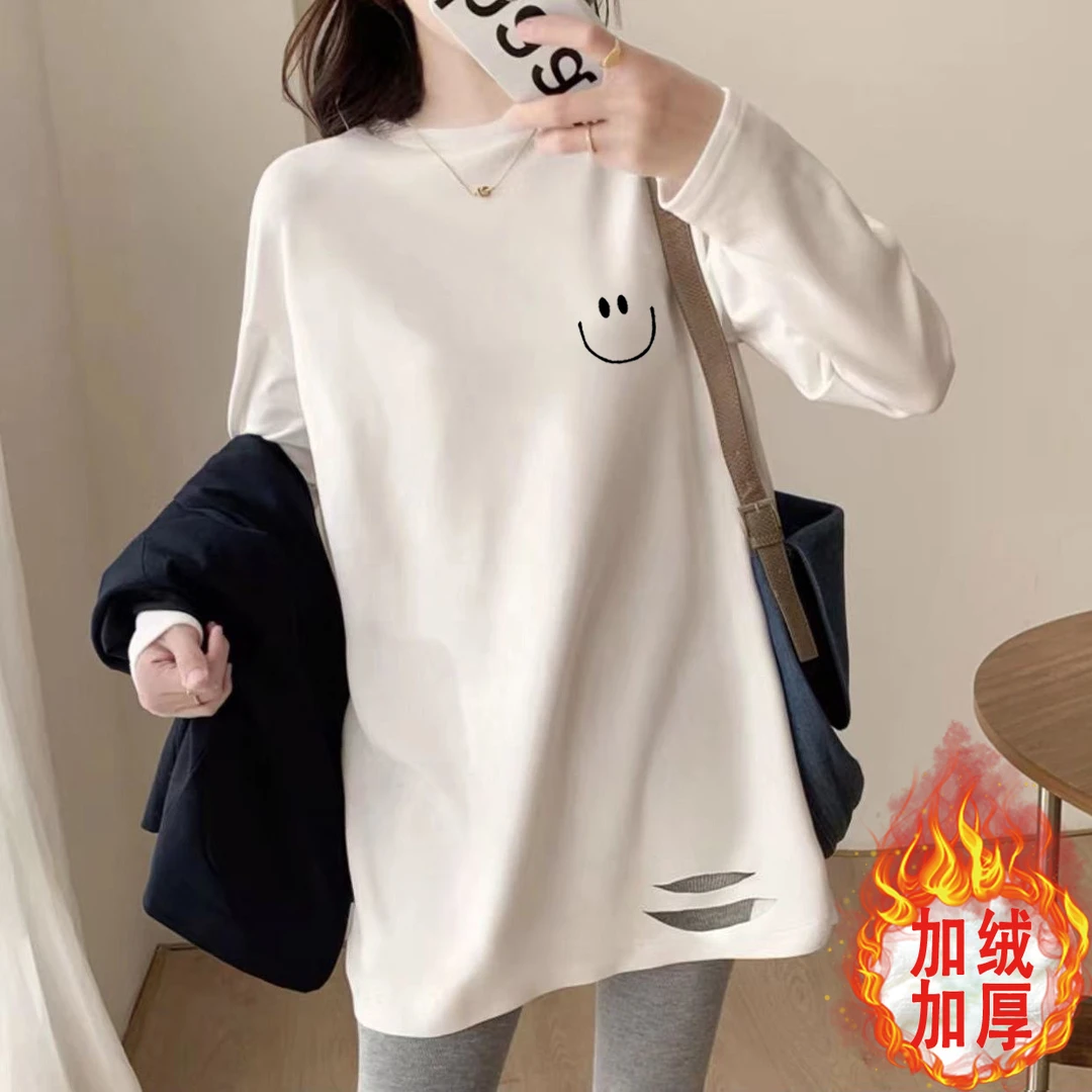 白色加绒加厚打底衫女内搭春秋冬纯棉宽松百搭长袖t恤中长款洋气
