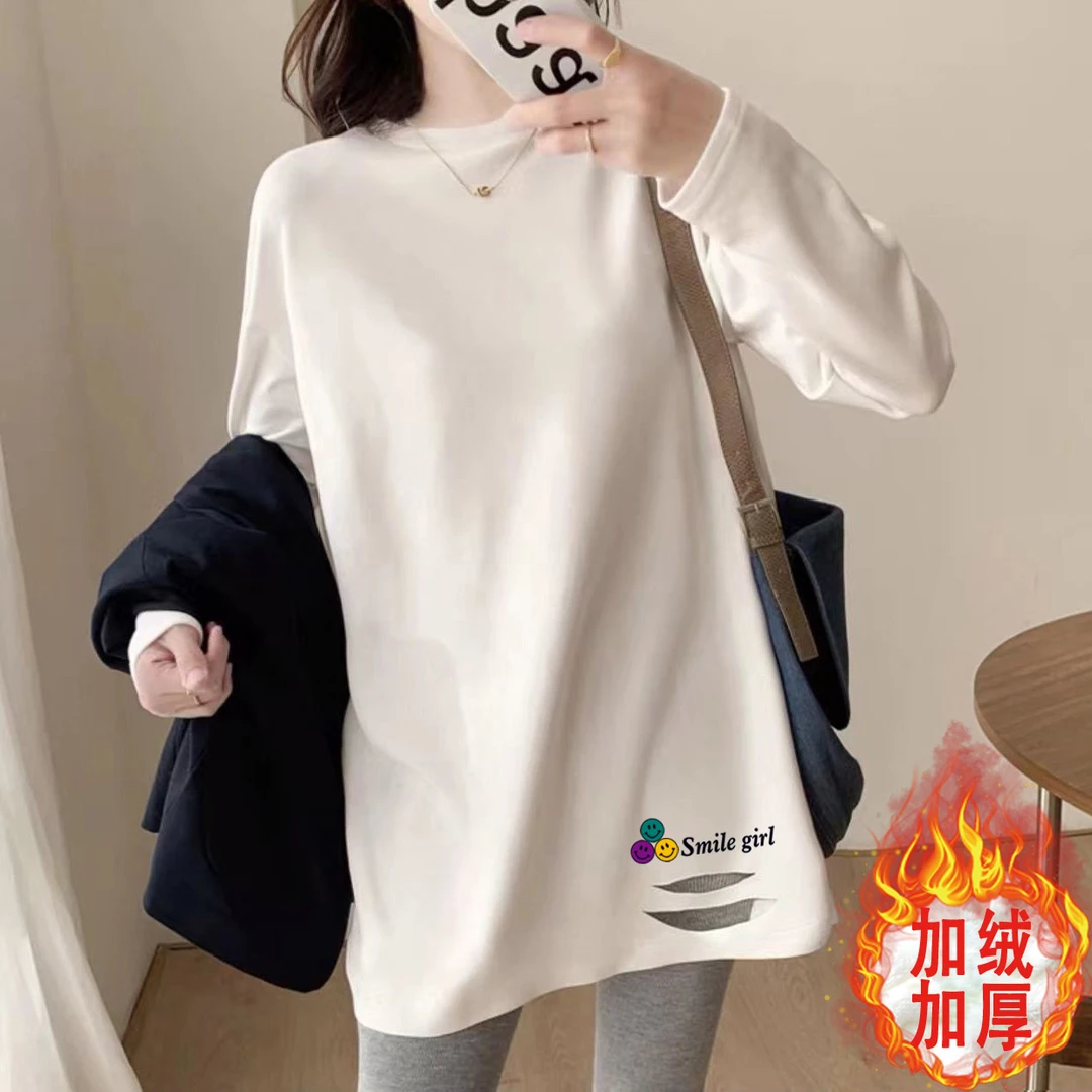 白色加绒打底衫女秋冬新款内搭洋气破洞纯棉中长款长袖t恤上衣女