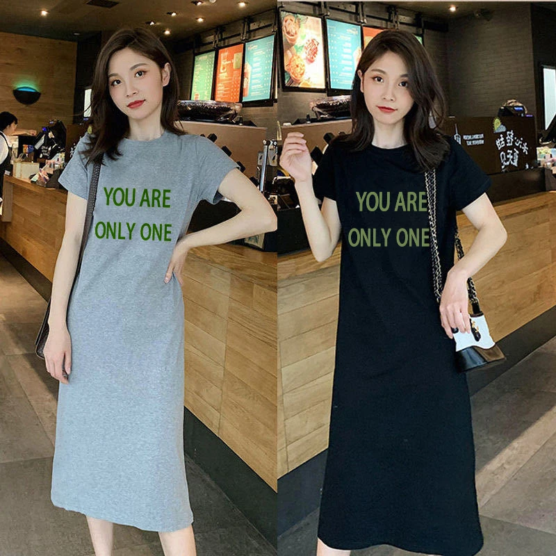 卡通印花短袖连衣裙女2025新款大码休闲宽松显瘦减龄慵懒T恤长裙
