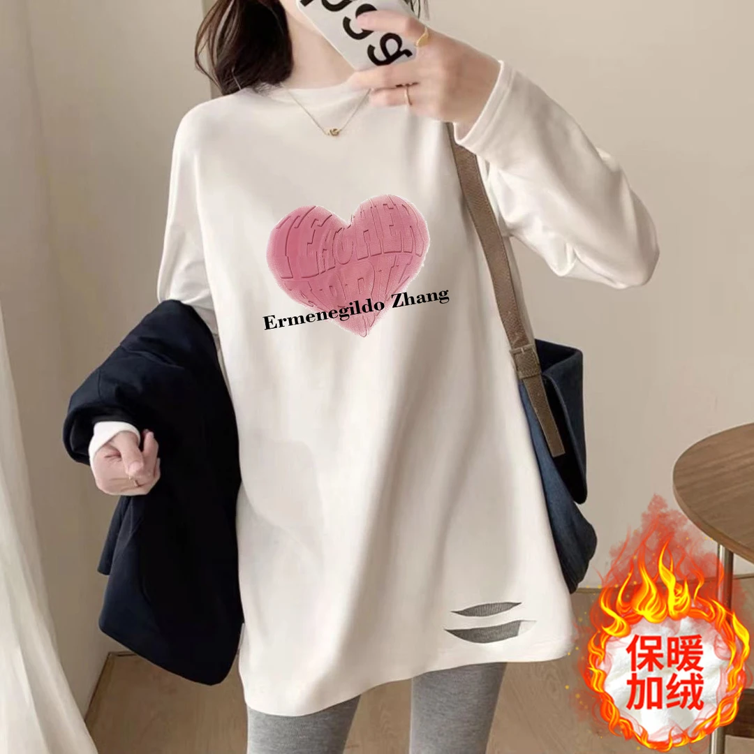 加绒加厚秋冬小个子打底衫女净版中长款遮屁股叠穿内搭洋气t恤女