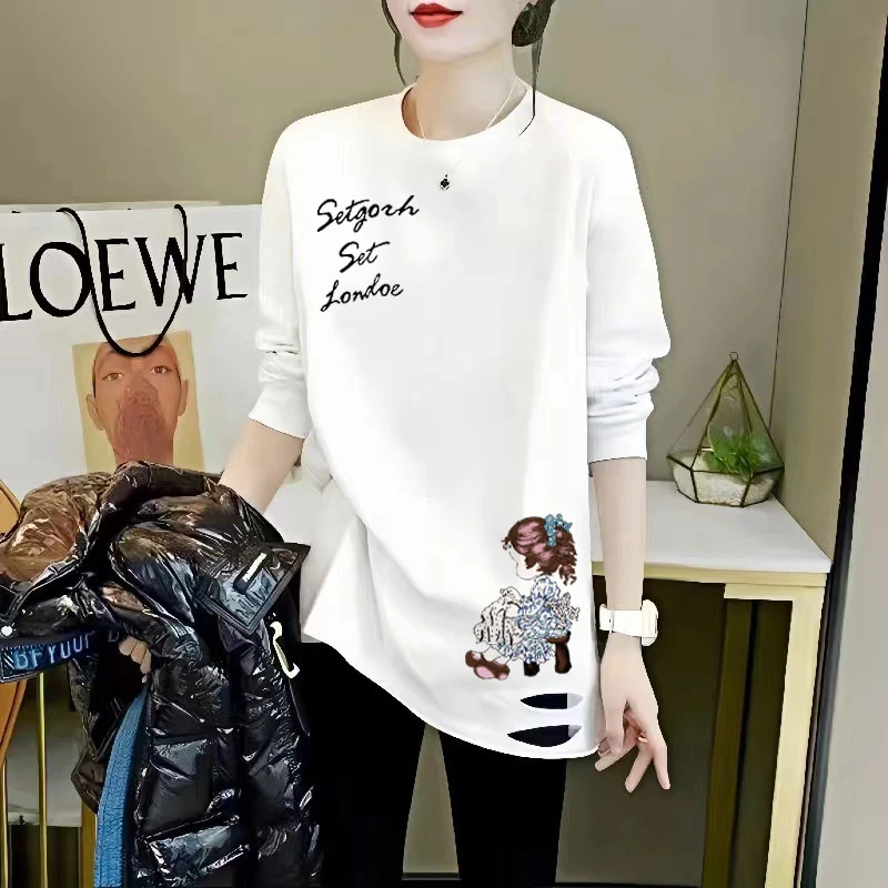 白色加绒加厚打底衫女卫衣内搭2025新款爆款纯棉中长款长袖t恤女