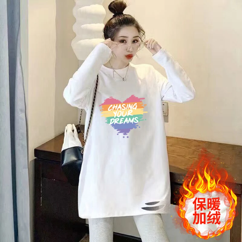 白色加绒加厚打底衫女内搭春秋冬纯棉宽松百搭长袖t恤中长款洋气