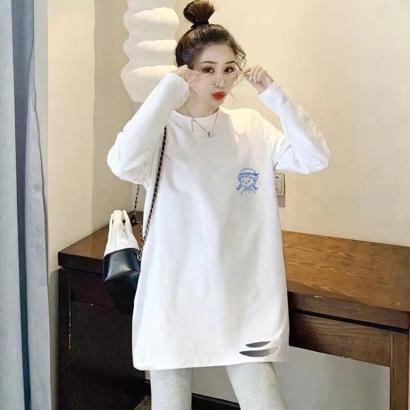 早秋气质秋装女长卫衣盖屁股纯棉打底衫破洞长袖长款大码宽松t恤