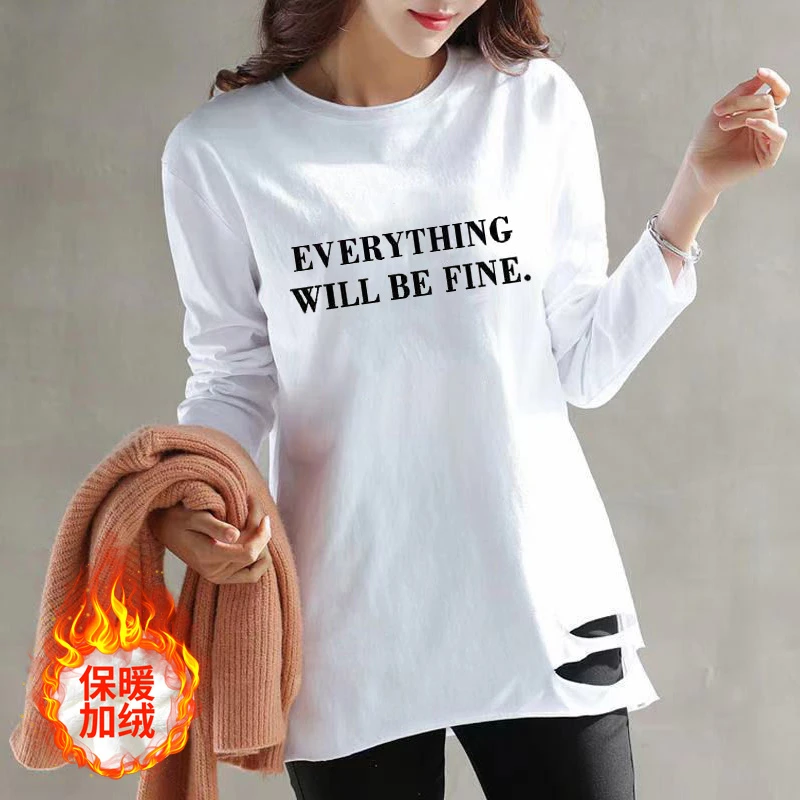 韩版秋冬新款白色长袖t恤女设计感印花上衣宽松中长款加绒打底衫