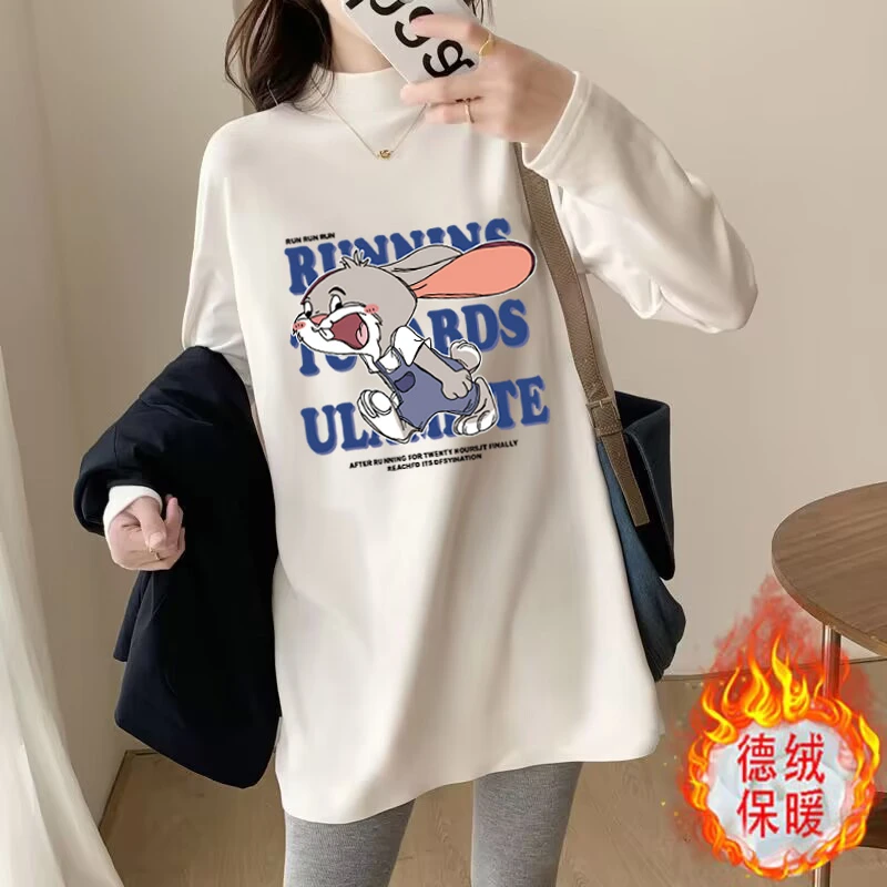 秋冬新款德绒长袖T恤女宽松气质2023字母套头衫拼色简约风百搭女