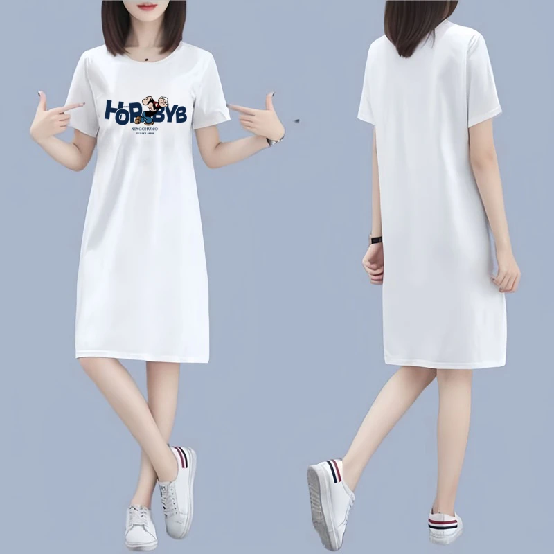 白色T恤裙女2025夏季新款中长款韩版宽松短袖长裙简约时尚连衣裙