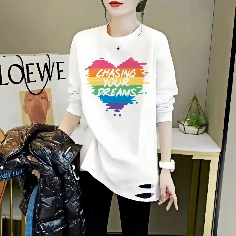 秋冬季中长款下摆破洞搭配鲨鱼裤遮屁股上衣纯棉打底衫女叠穿T恤
