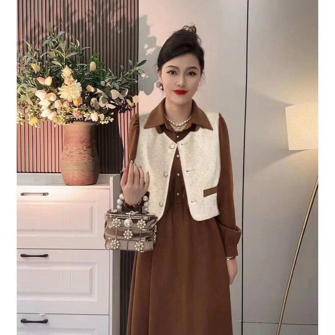 秋冬复古法式时尚气质显瘦两件套装女2023新款马甲+连衣裙套装