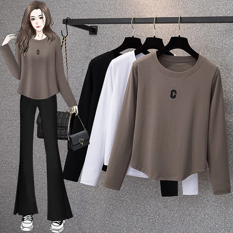 胖MM纯欲绣花长袖打底衫t恤春秋季新款大码女装宽松显瘦上衣300斤