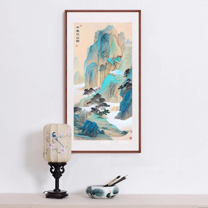 皇室蒙娜丽莎竖版千里江山图2025新款十字绣客厅玄关青绿山水风景