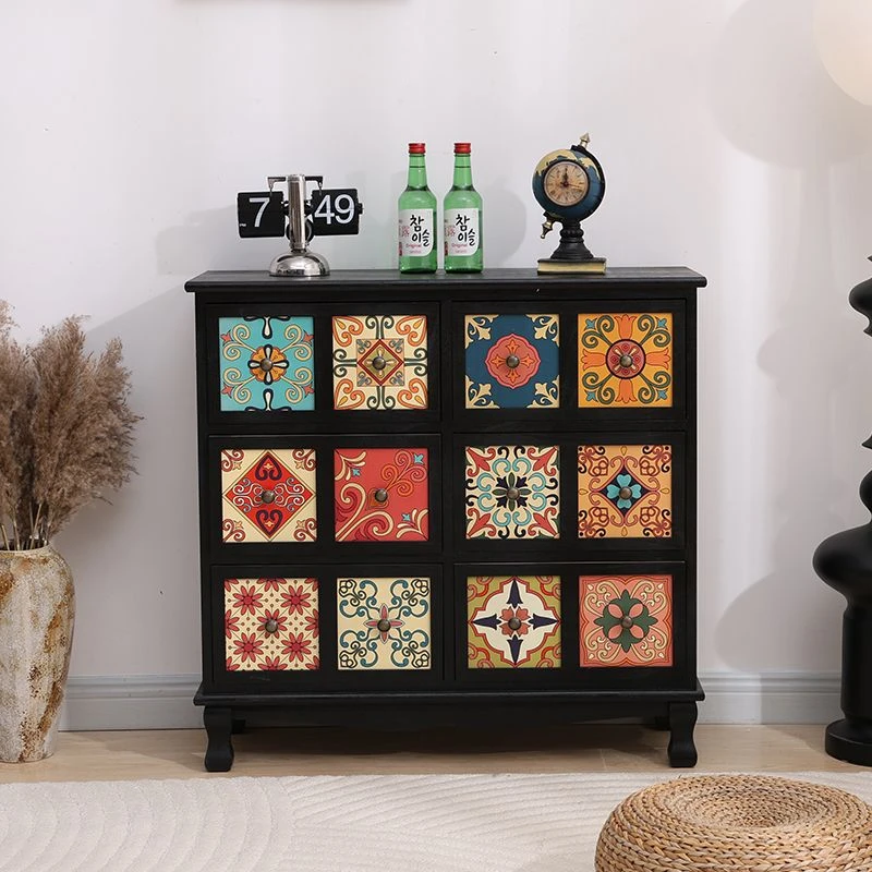 【甄品】美式实木储物柜黑色收纳柜客厅抽屉式斗柜卧室置物柜阳台多