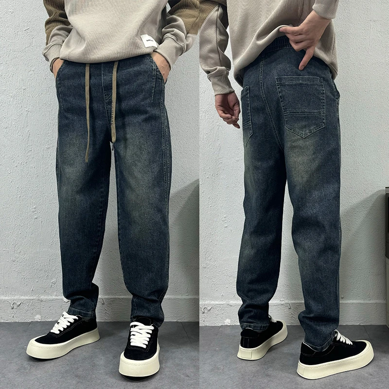 秋冬加绒男裤新款宽松阔腿裤哈伦牛仔裤韩版宽松百搭水洗牛仔裤男