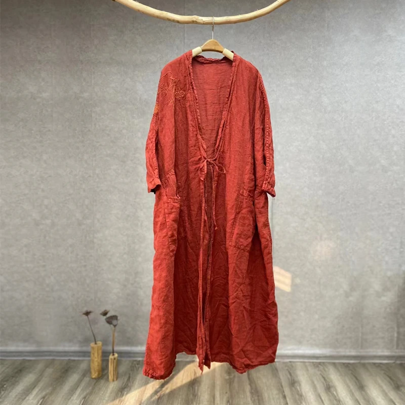 亚麻刺绣连衣裙大码女装胖mm宽松遮子显瘦系带2025春季长款外披