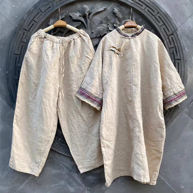 高端亚麻两件套国风刺绣2025新款女文艺复古盘扣大码宽松休闲套装