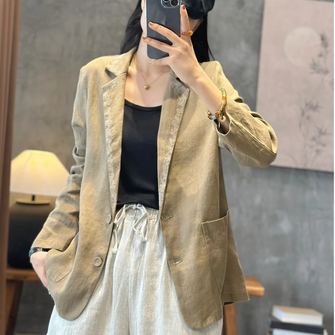 馨姐 春秋新款纯亚麻刺绣西装宽松百搭外套气质西服显瘦上衣