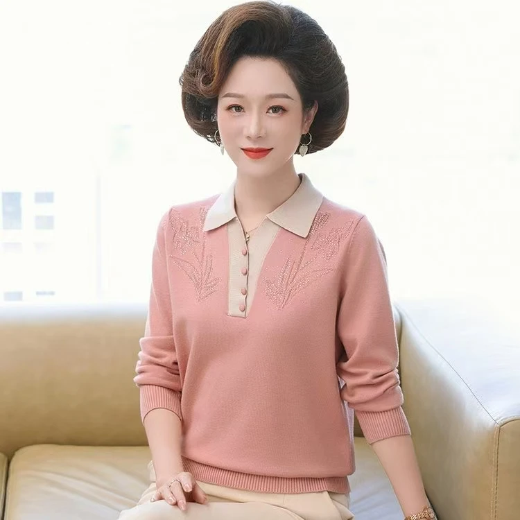 妈妈装秋款翻领针织小衫中老年新款长袖打底毛衣洋气上衣