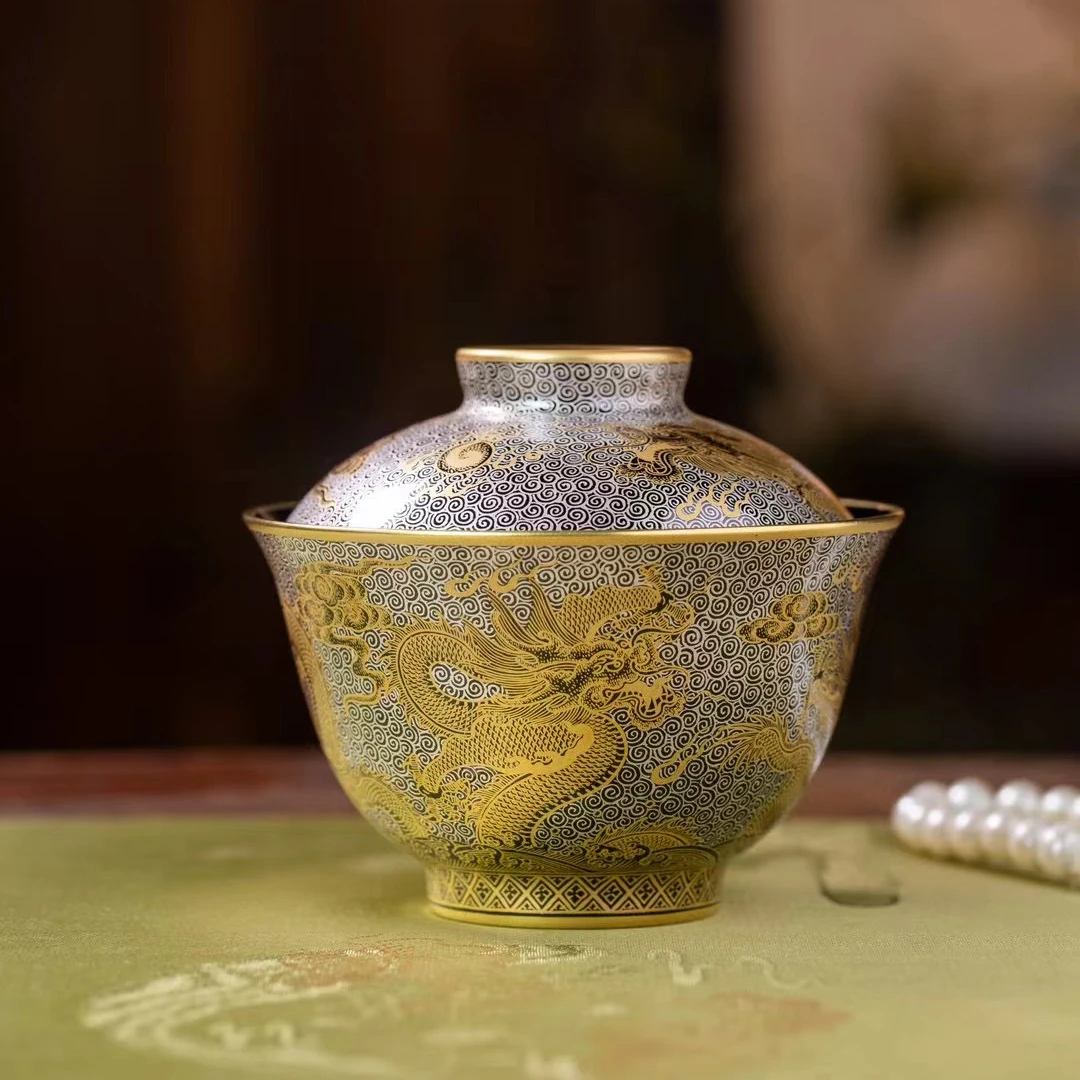 【长河山房】景德镇重工手绘错金银珐琅彩五龙纹乌金釉二才盖碗