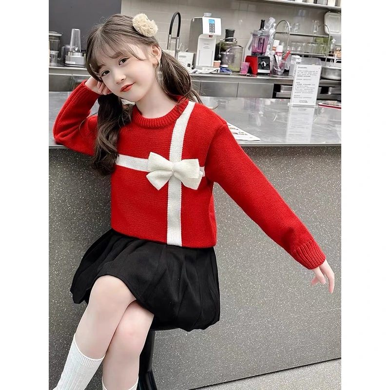 女童冬装加厚针织衫毛衣2023新款儿童过年红新年衣服红色保暖上衣