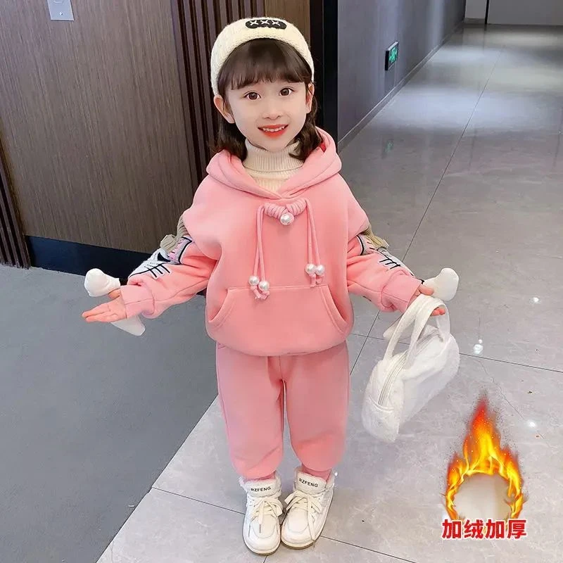 女童加绒套装秋冬季2024新款时尚洋气加厚炸街儿童卫衣两件套