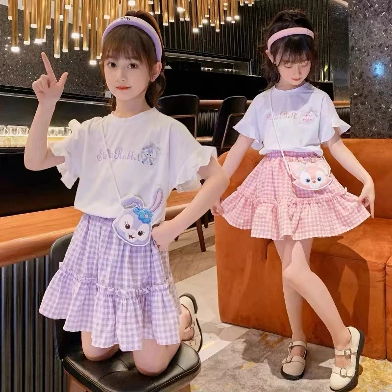 女童夏季短袖裙子套裙2023新款洋气可爱学院风上衣百褶裙两件套