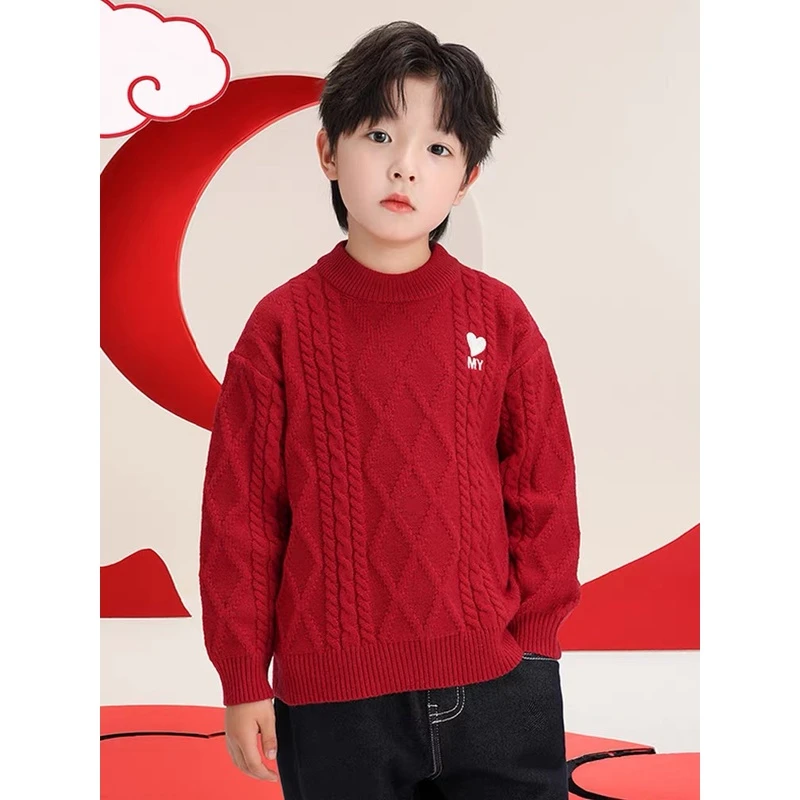 男童红色喜庆毛衣2024秋冬新款儿童拜年服宝宝时髦针织衫上衣潮
