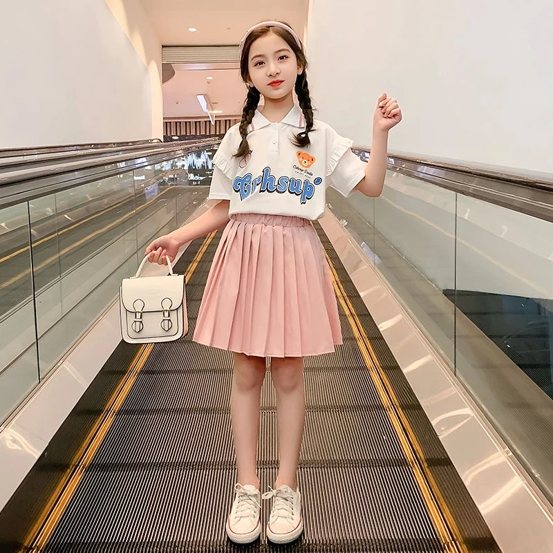 女童时尚polo衫套装2023夏季新款中大童洋气学院风jk制服裙子两件