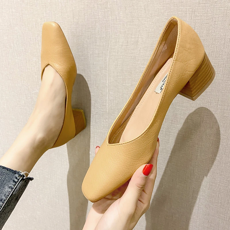 粗跟4厘米奶奶鞋女四季方头简约浅口中跟鞋舒适软底单鞋女工作鞋