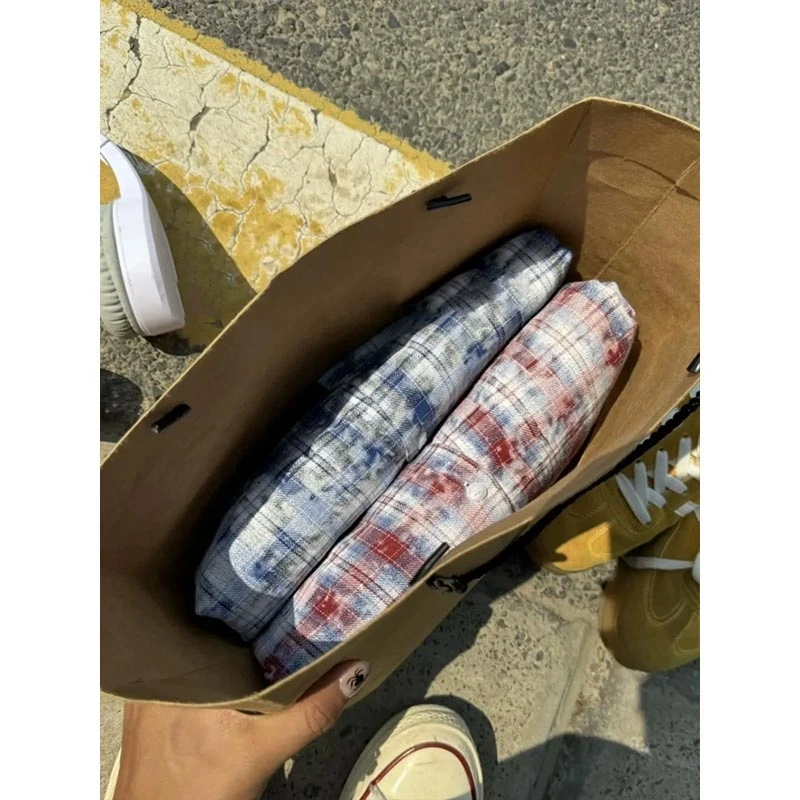 美式vintage扎染格子衬衫男款春秋季痞帅高级感外套格纹休闲衬衣