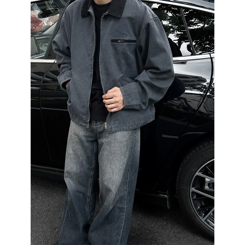 藏青色底特律工装夹克男春秋vintage美式复古水洗短款哈灵顿外套