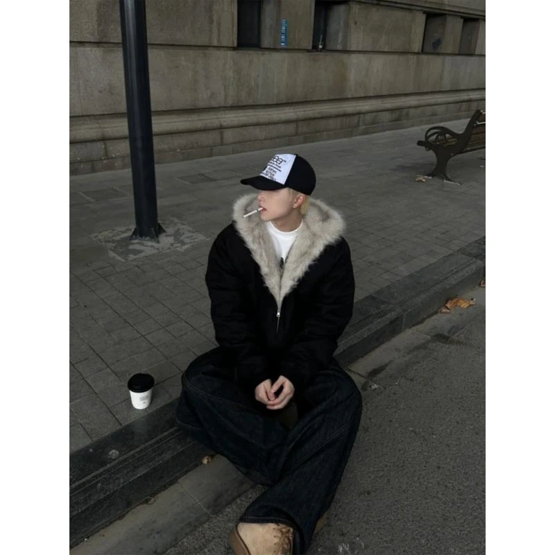 cleanfit座山雕毛领棉衣男款秋冬季加厚保暖棉服美式复古连帽外套