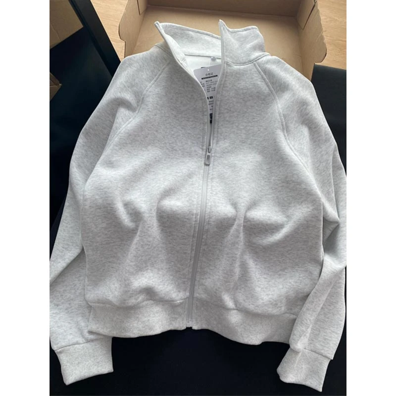 灰色立领开衫卫衣男春秋款cleanfit短款夹克外套潮牌高级感棒球服