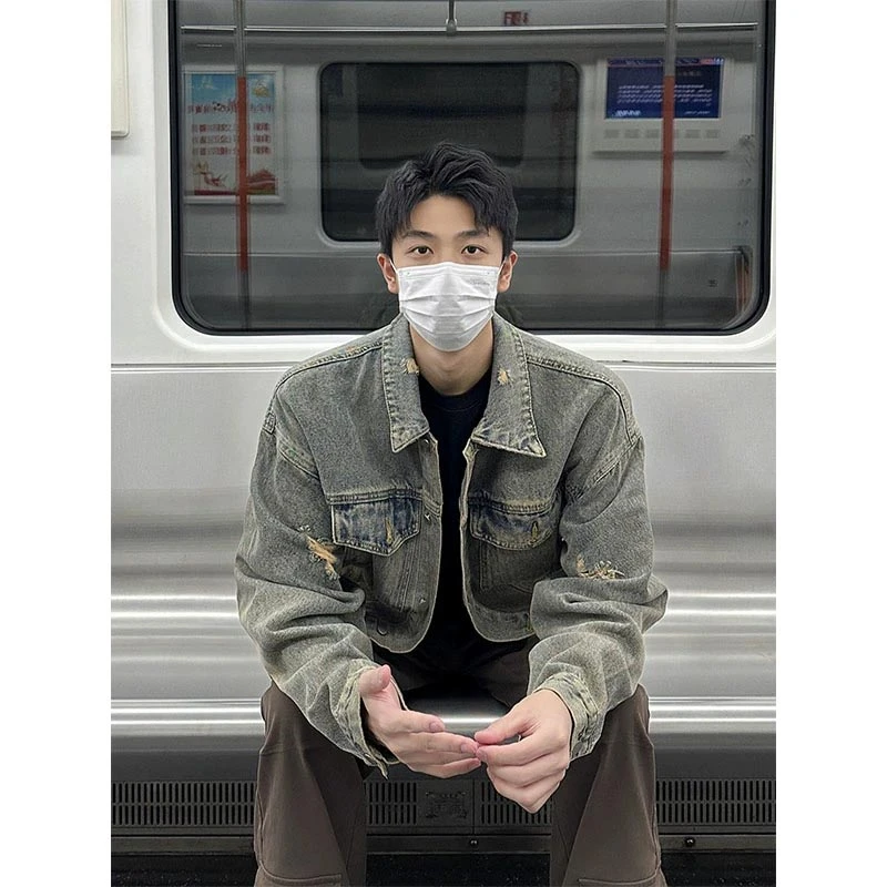 水洗破洞牛仔外套男春秋款美式高街工装牛仔衣vintage哈灵顿夹克
