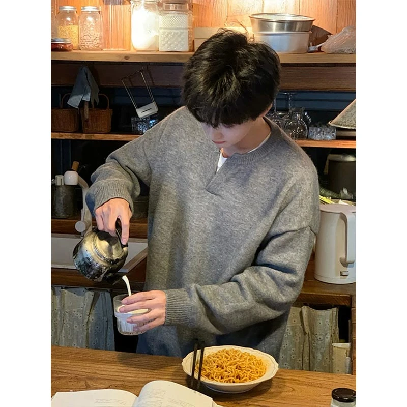 灰色v领毛衣男款冬季慵懒风内搭宽松毛线衣美式复古针织衫外套