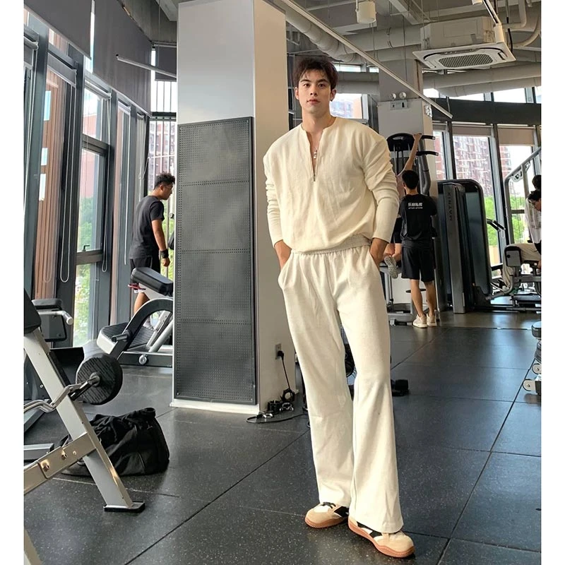 健身休闲运动灰白色卫裤男秋季美式复古微喇直筒裤慵懒松弛感裤子