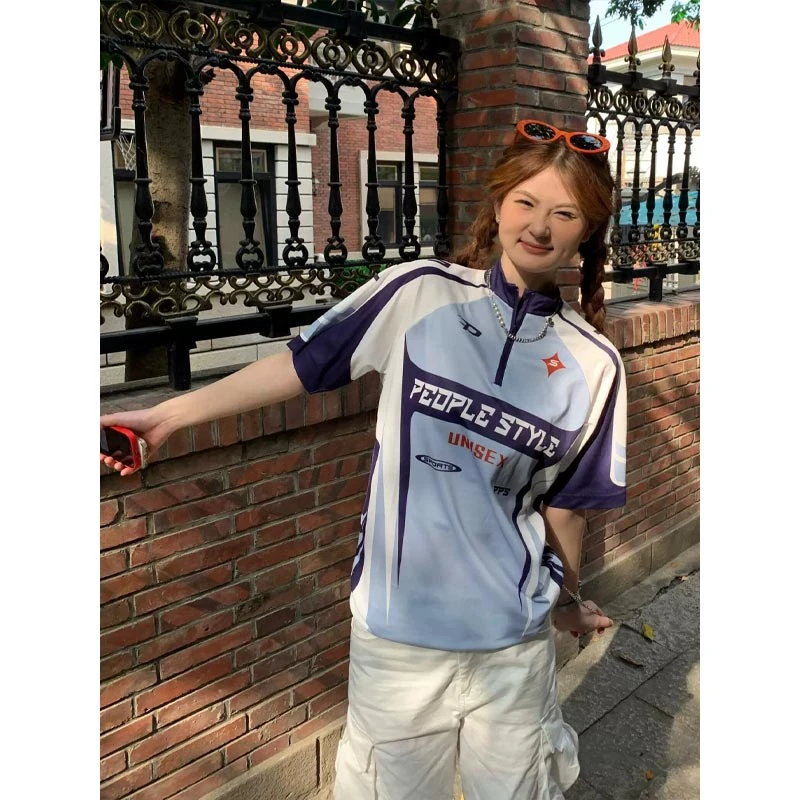 冰丝速干半拉链T恤男款夏季美式复古插肩拼接短袖潮牌骑行冰球服