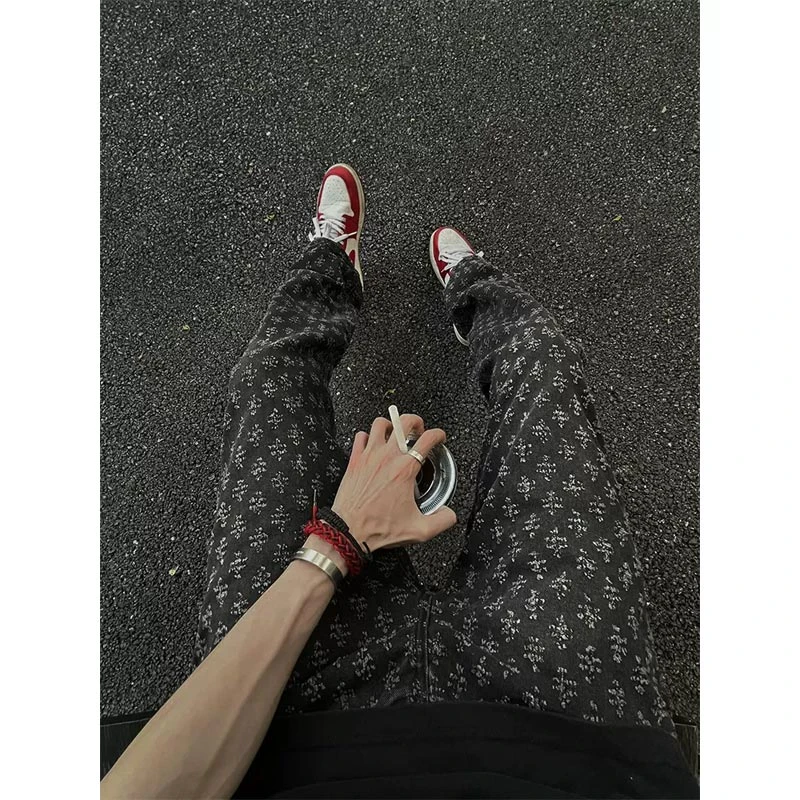 欧美高街vibe裤子男夏季提花满印美式牛仔裤薄修身显瘦直筒微喇裤