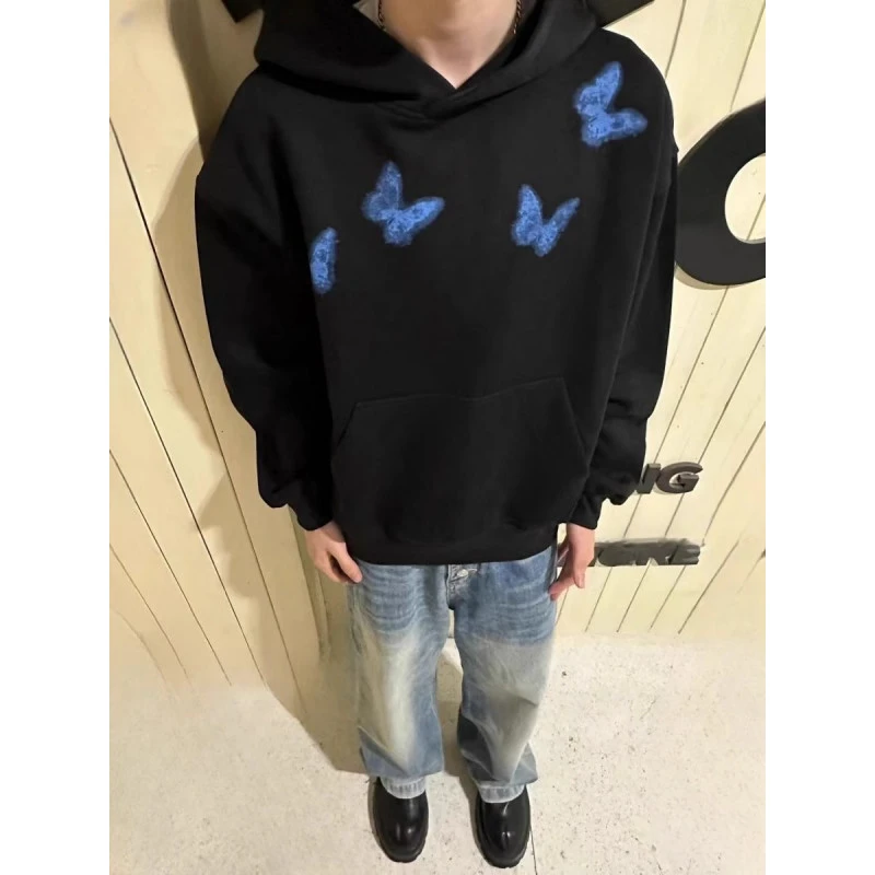 cleanfit黑色蝴蝶印花卫衣男春秋款连帽重潮牌磅美式高街情侣外套