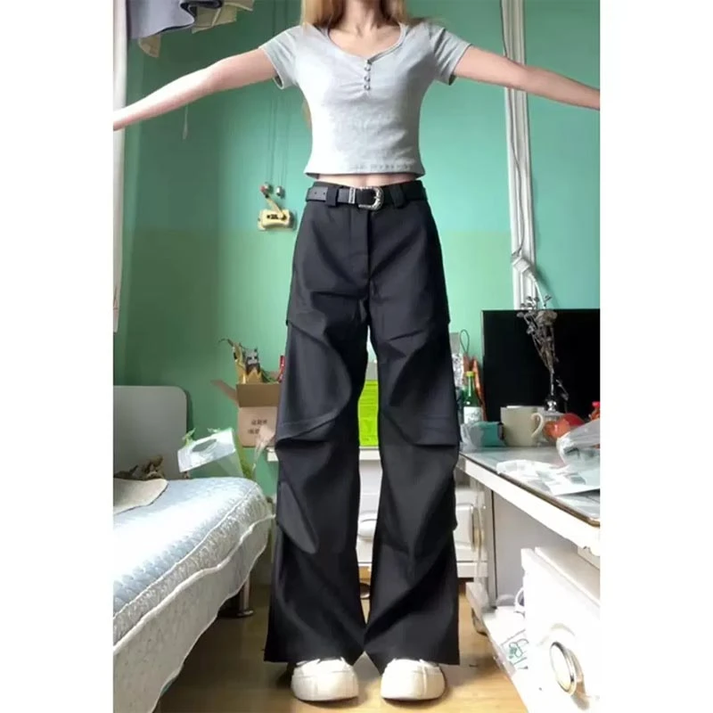 纯黑色褶皱裤子男款夏季cleanfit西裤垂坠感高级感微喇阔腿长裤