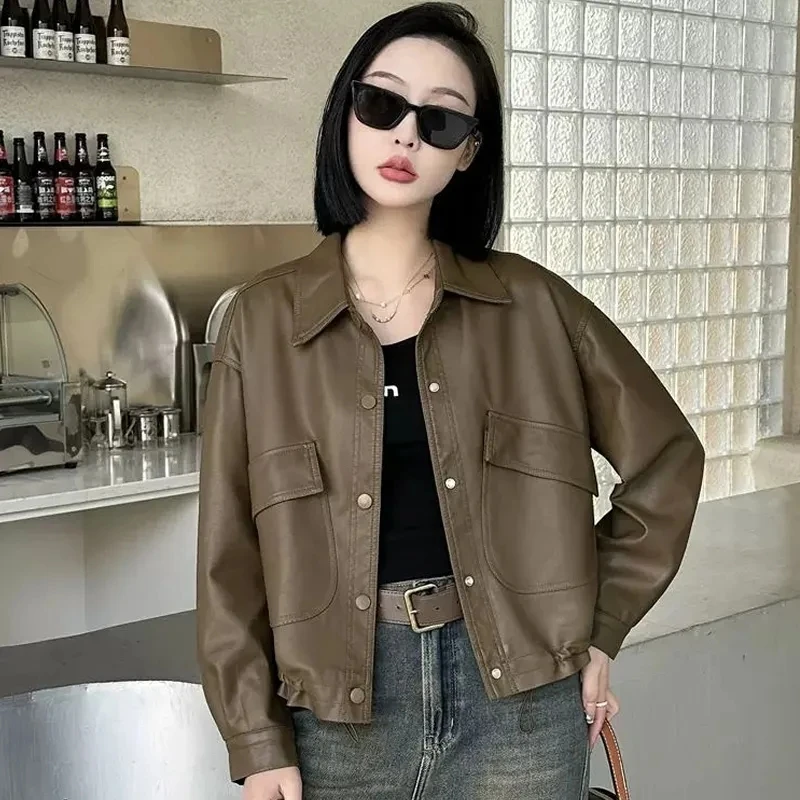 欧货棕色皮衣外套女春秋2025新款复古流行短夹克机车上衣美拉德