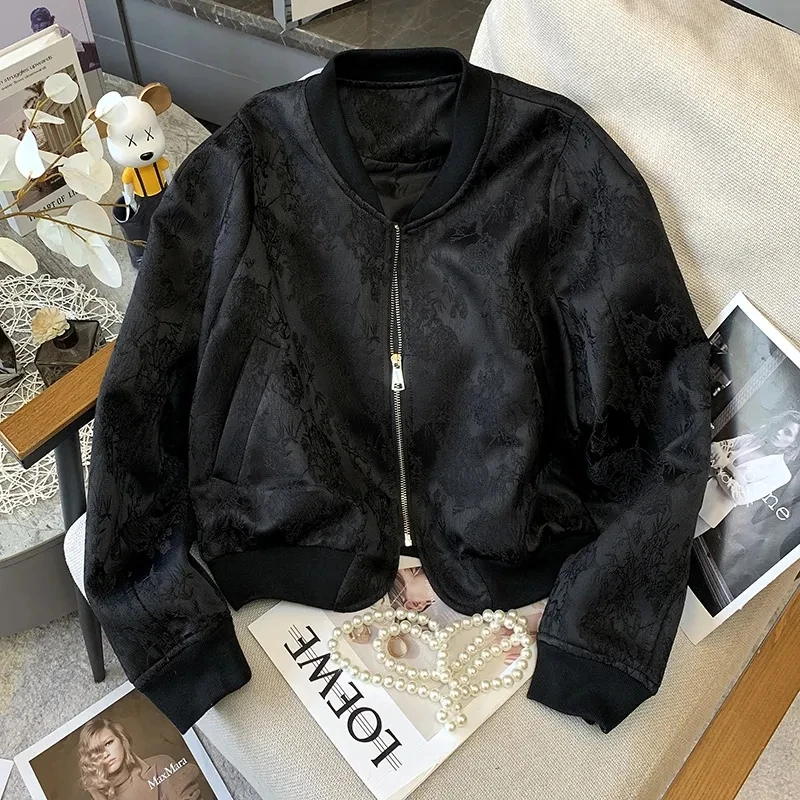 上衣春秋季复古刺绣花夹克女棒球服短款小个子短外套黑色2025休闲