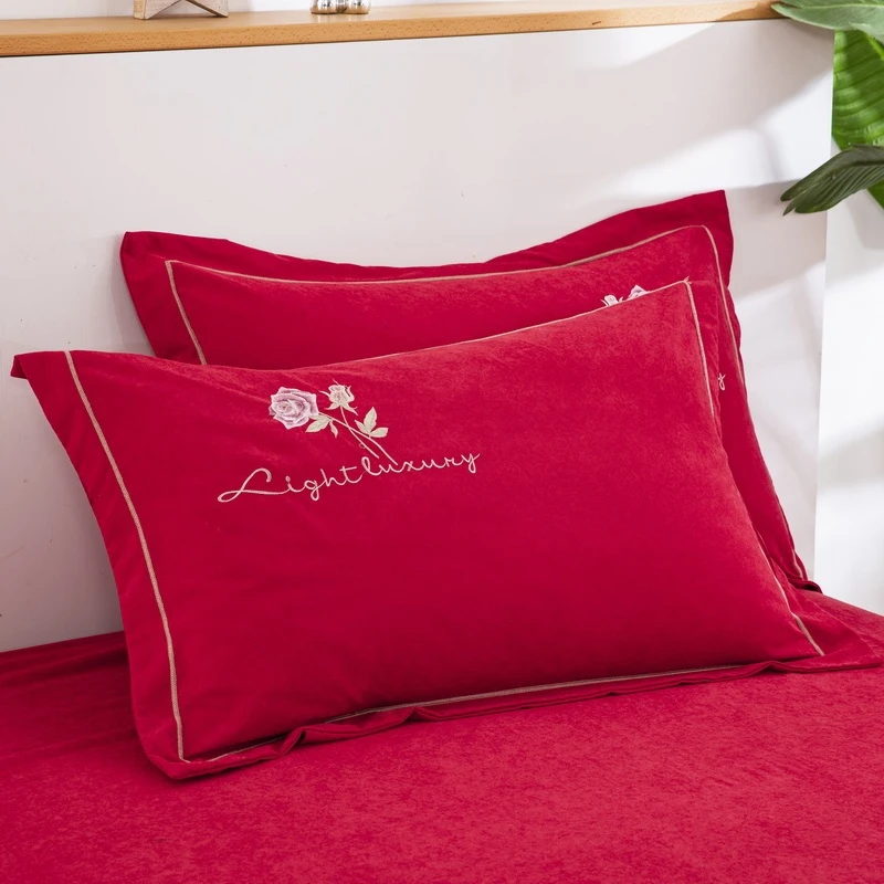 刺绣枕套单个冬一对装冬季红色枕套单人枕头套48cmx74cm枕芯套2只