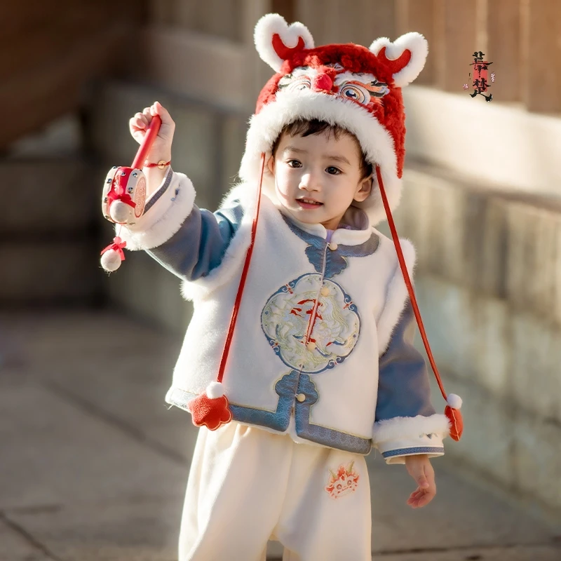 麒麟祥瑞】男童汉服冬季加绒加厚春节国风套装春节儿童新年拜年服